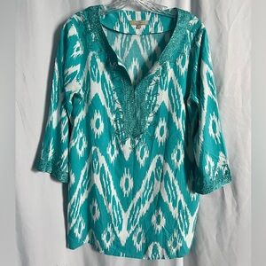 Joan Vass Womens Medium Tunic Top Lightweight White Turquoise Embroidered